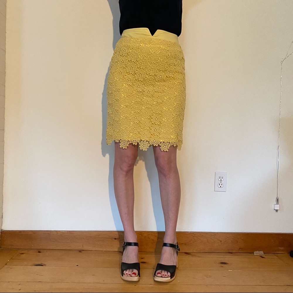Yellow anthropologie lace pencil skirt